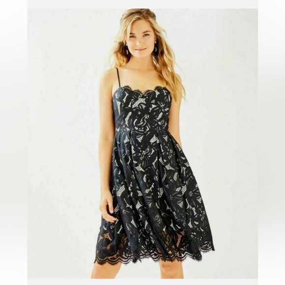 Lilly Pulitzer Camella Dress Onyx Black Two Tone Orchid Lace Size 00 - Picture 1 of 7